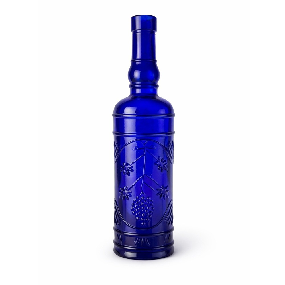 Vintage 70's - 80's Cobalt Blue Glass Bottle Embossed Grape Vine Floral Vase